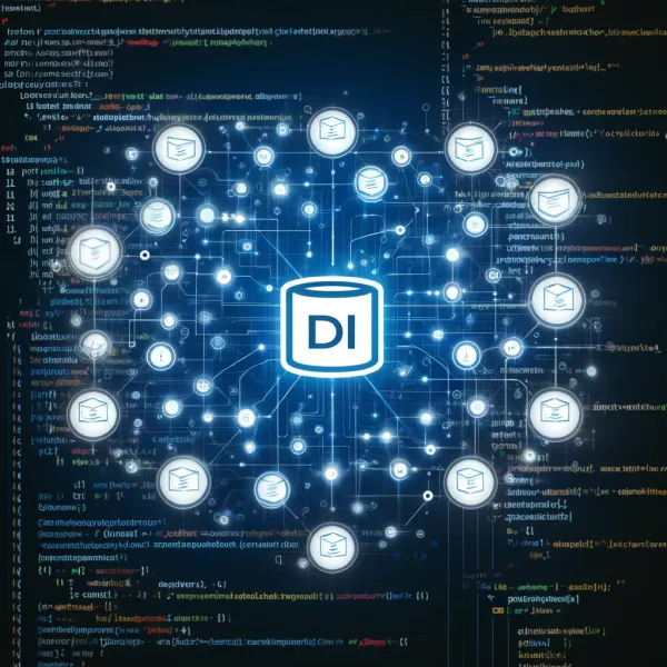 Dependency Injection icon in the middle connecting different services layered in front of code in the background